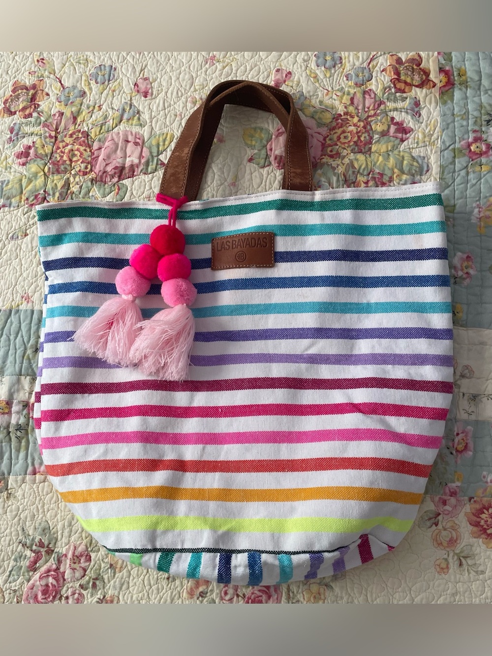 Striped Canvas Tote with Brown Trim and Multicolor Stripes